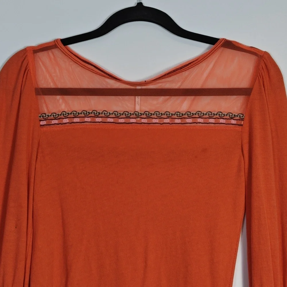 FREE PEOPLE  High Tides Embroidered Flare Sleeve Top Orange Boho XS